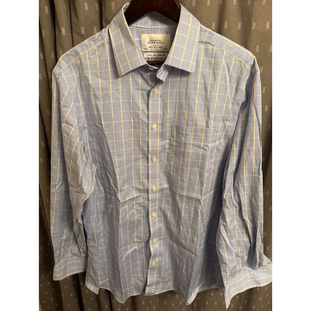 Charles Tyrwhitt Mens 16.5/34 Non Iron Slim Fit Blue Yellow Check Dress Shirt